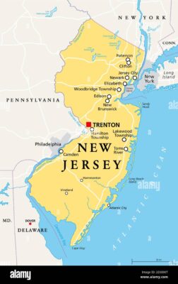 new jersey nj political map with capital trenton state in the mid atlantic region of northeastern united states of america the garden state 2D3E00T