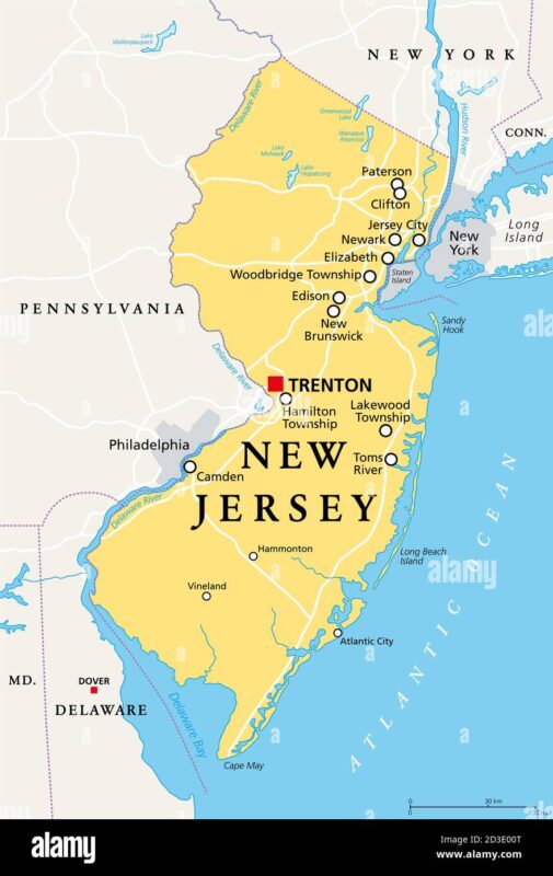 new jersey nj political map with capital trenton state in the mid atlantic region of northeastern united states of america the garden state 2D3E00T